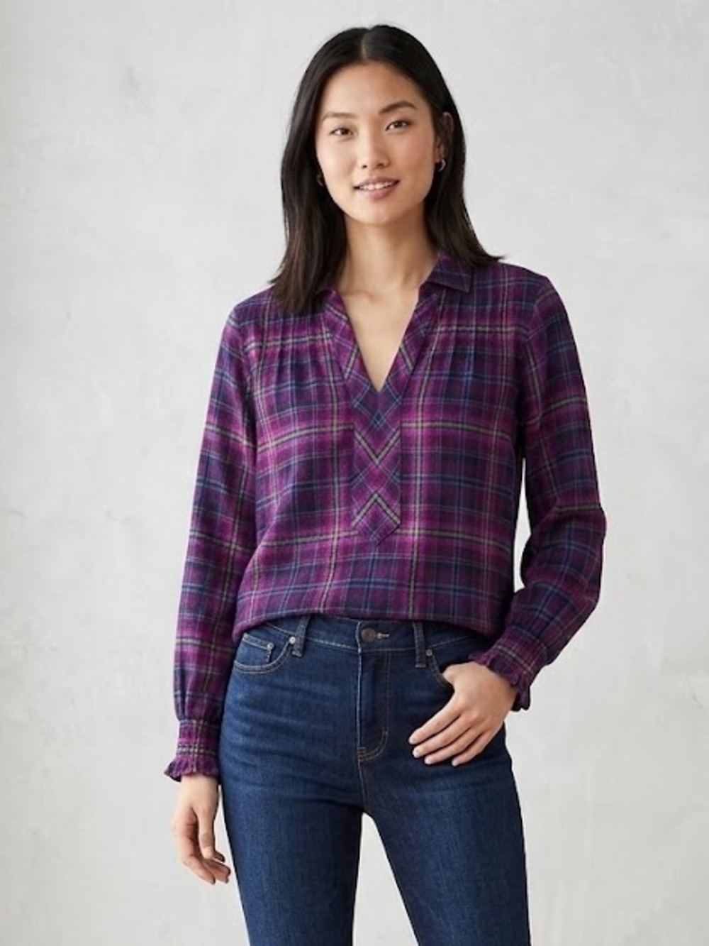 J. Jill Purple Plaid V-Neck Smocked Top, women’s Size XS extra small